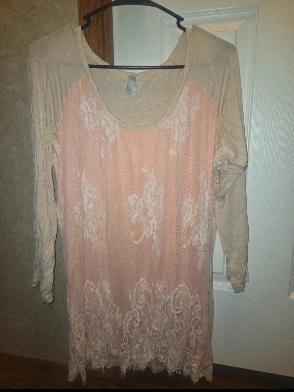 Vanity Blush Front Cream Sleeve Lace Raglan Long Sleeve Top